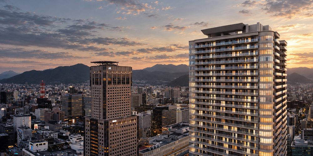 夕暮れのJRタワーと都市夜景